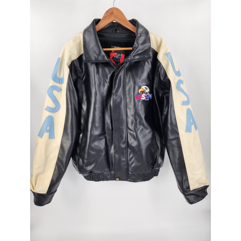 Zorro USMC Marine Corps Faux Leather Bomber Jacket Mens XL USA Eagle Black Cream